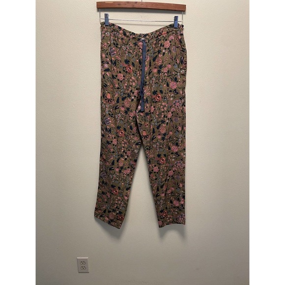 Sundance Madora Pants Womens M Olive Green Floral Drawstring Pockets Artsy Boho - Picture 1 of 9